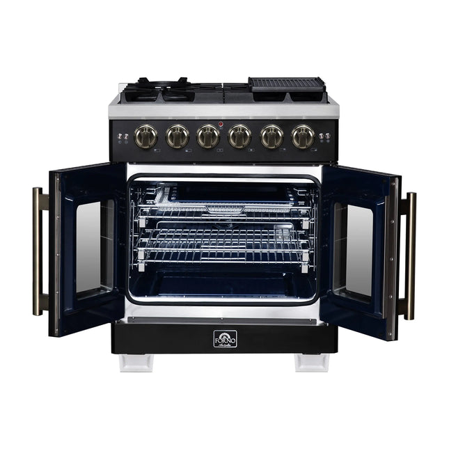 Forno Capriasca 30-Inch Freestanding French Door Gas Range, 4 Burners, Convection Oven, Energy Efficient FORNO