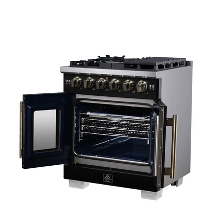 Forno Capriasca 30-Inch Freestanding French Door Gas Range, 4 Burners, Convection Oven, Energy Efficient FORNO