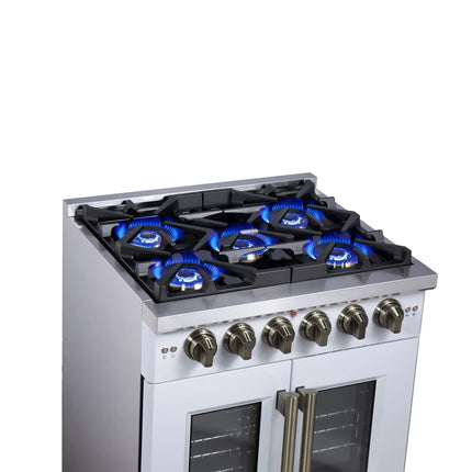 Forno Capriasca 30-Inch White Freestanding French Door Gas Range, 4 Burners, Convection Oven, Energy Efficient FORNO