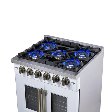 Forno Capriasca 30-Inch White Freestanding French Door Gas Range, 4 Burners, Convection Oven, Energy Efficient FORNO