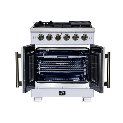 Forno Capriasca 30-Inch White Freestanding French Door Gas Range, 4 Burners, Convection Oven, Energy Efficient FORNO