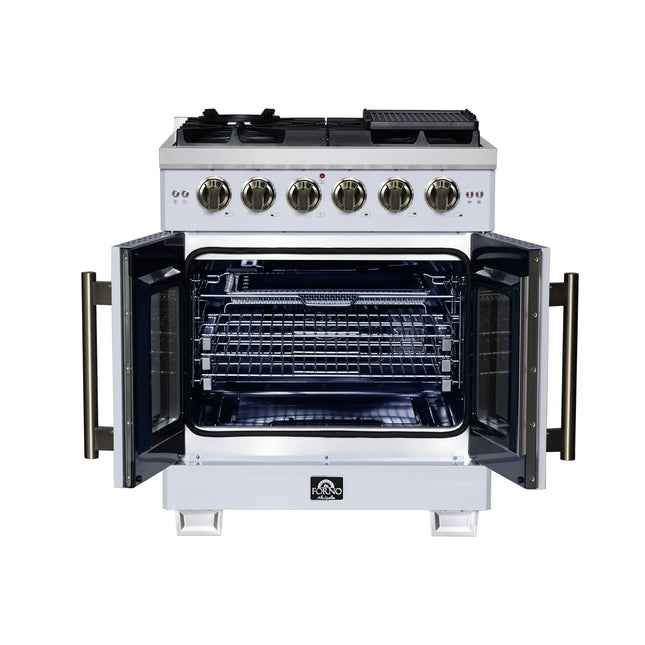 Forno Capriasca 30-Inch White Freestanding French Door Gas Range, 4 Burners, Convection Oven, Energy Efficient FORNO