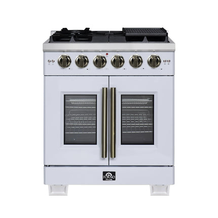 Forno Capriasca 30-Inch White Freestanding French Door Gas Range, 4 Burners, Convection Oven, Energy Efficient FORNO