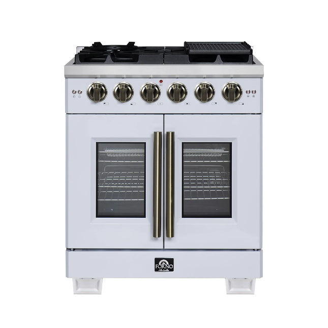 Forno Capriasca 30-Inch White Freestanding French Door Gas Range, 4 Burners, Convection Oven, Energy Efficient FORNO