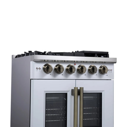 Forno Capriasca 30-Inch White Freestanding French Door Gas Range, 4 Burners, Convection Oven, Energy Efficient FORNO