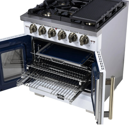 Forno Capriasca 30-Inch White Freestanding French Door Gas Range, 4 Burners, Convection Oven, Energy Efficient FORNO
