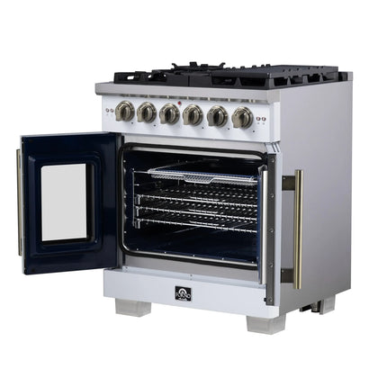 Forno Capriasca 30-Inch White Freestanding French Door Gas Range, 4 Burners, Convection Oven, Energy Efficient FORNO
