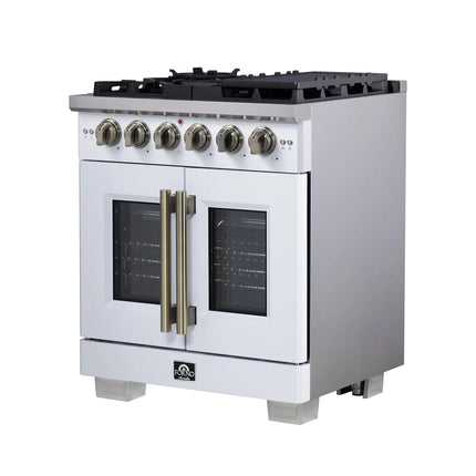 Forno Capriasca 30-Inch White Freestanding French Door Gas Range, 4 Burners, Convection Oven, Energy Efficient FORNO