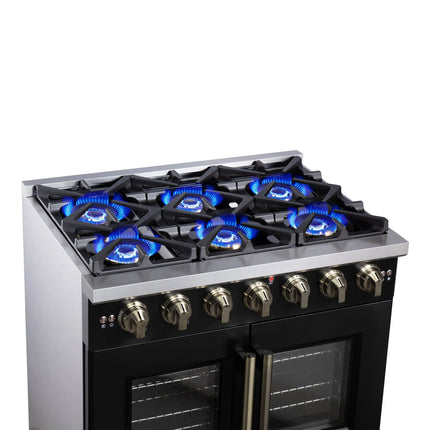 Forno Capriasca 36-Inch Black Freestanding French Door Gas Range, 6 Burners, Convection Oven, Energy Efficient FORNO