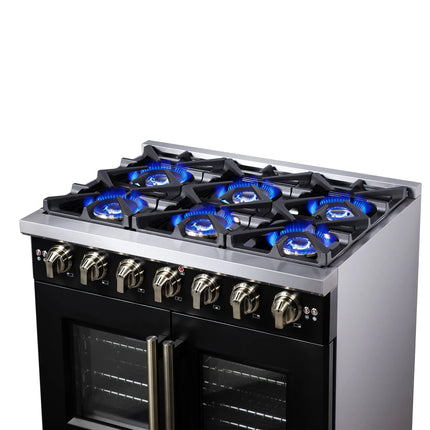 Forno Capriasca 36-Inch Black Freestanding French Door Gas Range, 6 Burners, Convection Oven, Energy Efficient FORNO