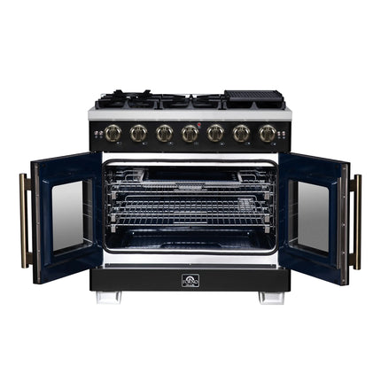 Forno Capriasca 36-Inch Black Freestanding French Door Gas Range, 6 Burners, Convection Oven, Energy Efficient FORNO
