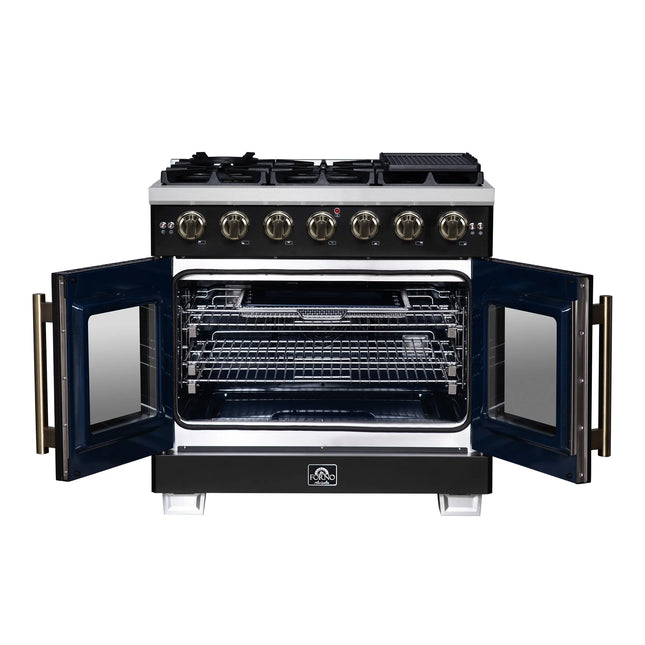 Forno Capriasca 36-Inch Black Freestanding French Door Gas Range, 6 Burners, Convection Oven, Energy Efficient FORNO