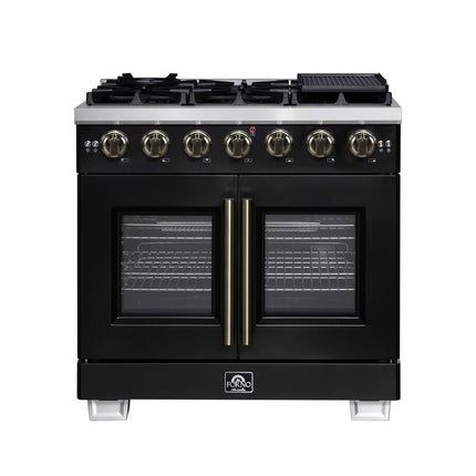 Forno Capriasca 36-Inch Black Freestanding French Door Gas Range, 6 Burners, Convection Oven, Energy Efficient FORNO