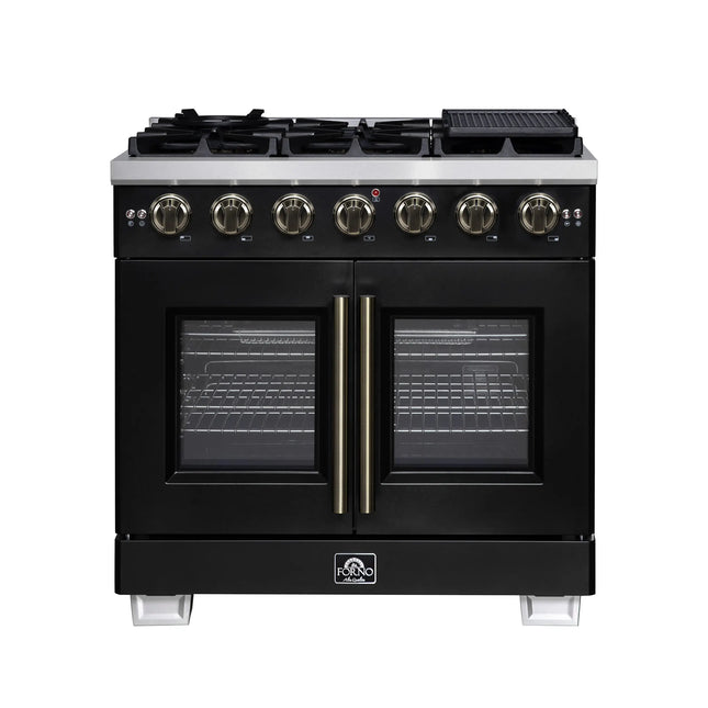 Forno Capriasca 36-Inch Black Freestanding French Door Gas Range, 6 Burners, Convection Oven, Energy Efficient FORNO