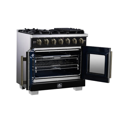 Forno Capriasca 36-Inch Black Freestanding French Door Gas Range, 6 Burners, Convection Oven, Energy Efficient FORNO