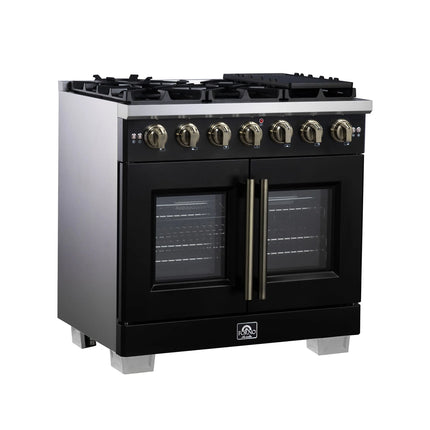 Forno Capriasca 36-Inch Black Freestanding French Door Gas Range, 6 Burners, Convection Oven, Energy Efficient FORNO