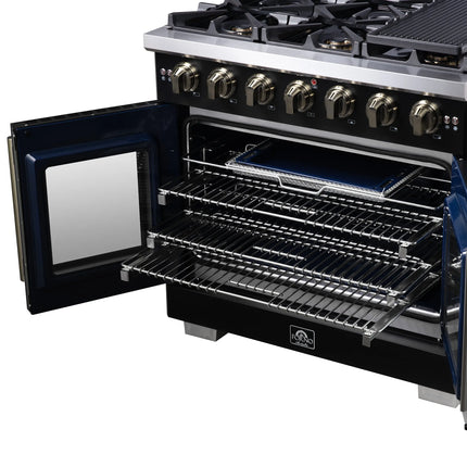 Forno Capriasca 36-Inch Black Freestanding French Door Gas Range, 6 Burners, Convection Oven, Energy Efficient FORNO