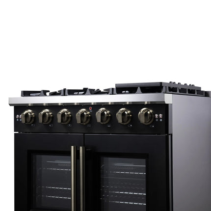 Forno Capriasca 36-Inch Black Freestanding French Door Gas Range, 6 Burners, Convection Oven, Energy Efficient FORNO