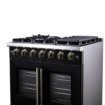 Forno Capriasca 36-Inch Black Freestanding French Door Gas Range, 6 Burners, Convection Oven, Energy Efficient FORNO