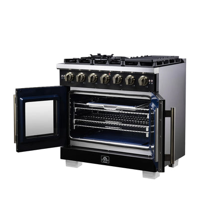 Forno Capriasca 36-Inch Black Freestanding French Door Gas Range, 6 Burners, Convection Oven, Energy Efficient FORNO