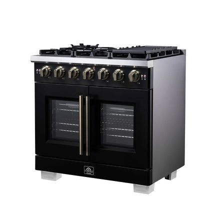 Forno Capriasca 36-Inch Black Freestanding French Door Gas Range, 6 Burners, Convection Oven, Energy Efficient FORNO