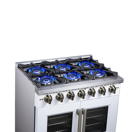 Forno Capriasca 36-Inch White Freestanding French Door Gas Range, 6 Burners, Convection Oven, Energy Efficient FORNO