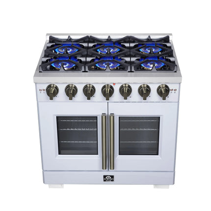 Forno Capriasca 36-Inch White Freestanding French Door Gas Range, 6 Burners, Convection Oven, Energy Efficient FORNO