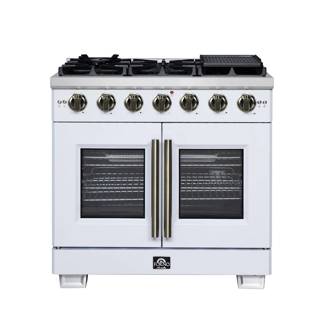 Forno Capriasca 36-Inch White Freestanding French Door Gas Range, 6 Burners, Convection Oven, Energy Efficient FORNO