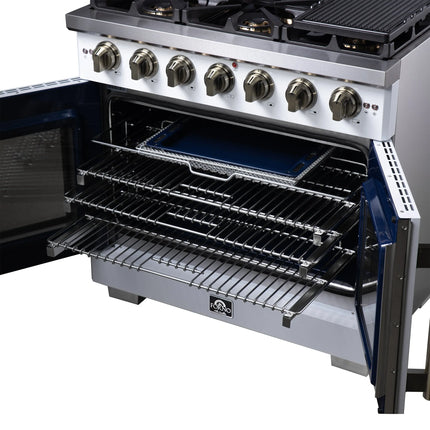 Forno Capriasca 36-Inch White Freestanding French Door Gas Range, 6 Burners, Convection Oven, Energy Efficient FORNO