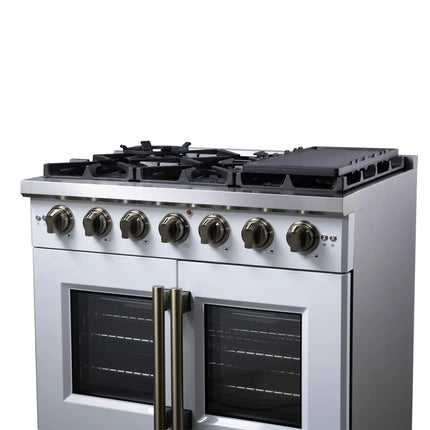 Forno Capriasca 36-Inch White Freestanding French Door Gas Range, 6 Burners, Convection Oven, Energy Efficient FORNO