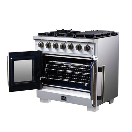 Forno Capriasca 36-Inch White Freestanding French Door Gas Range, 6 Burners, Convection Oven, Energy Efficient FORNO