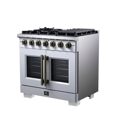 Forno Capriasca 36-Inch White Freestanding French Door Gas Range, 6 Burners, Convection Oven, Energy Efficient FORNO