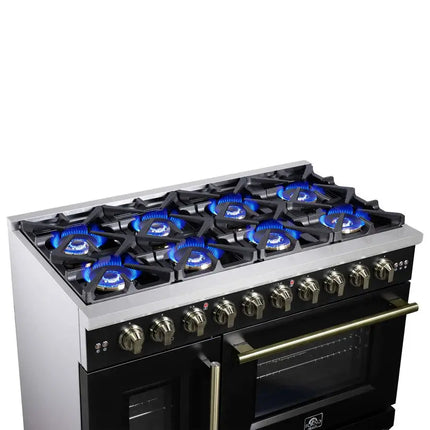 Forno Capriasca 48-Inch Black Freestanding French Door Gas Range, 8 Burners, Convection Oven, Energy Efficient FORNO