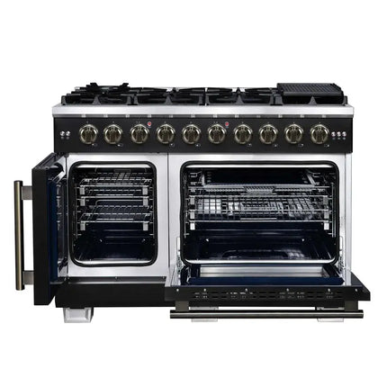 Forno Capriasca 48-Inch Black Freestanding French Door Gas Range, 8 Burners, Convection Oven, Energy Efficient FORNO