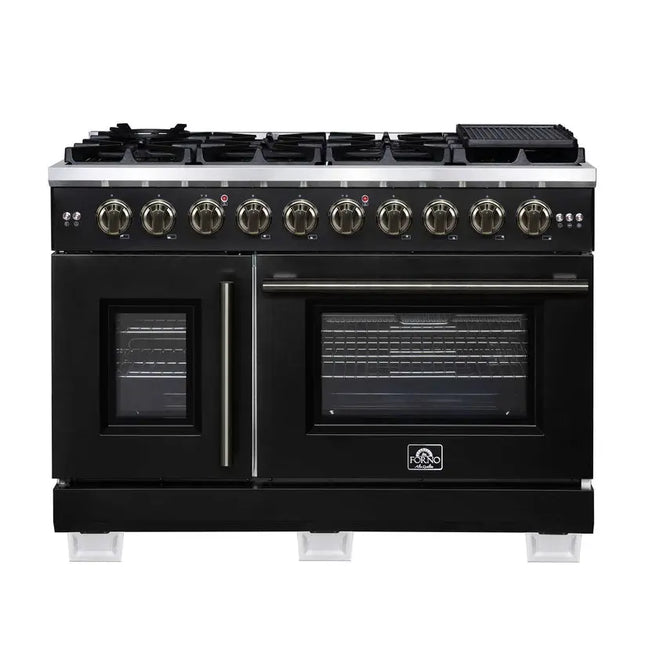 Forno Capriasca 48-Inch Black Freestanding French Door Gas Range, 8 Burners, Convection Oven, Energy Efficient FORNO