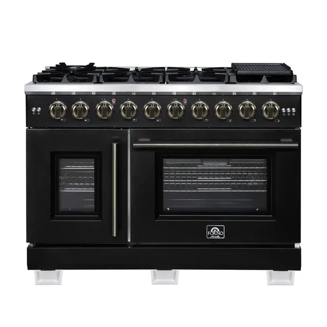 Forno Capriasca 48-Inch Black Freestanding French Door Gas Range, 8 Burners, Convection Oven, Energy Efficient FORNO
