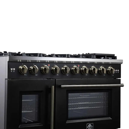 Forno Capriasca 48-Inch Black Freestanding French Door Gas Range, 8 Burners, Convection Oven, Energy Efficient FORNO