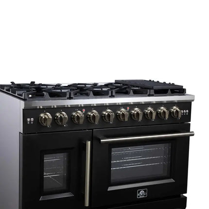 Forno Capriasca 48-Inch Black Freestanding French Door Gas Range, 8 Burners, Convection Oven, Energy Efficient FORNO