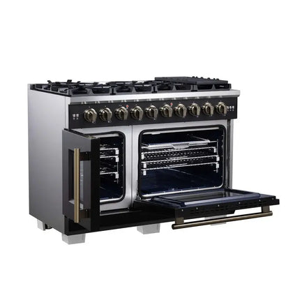 Forno Capriasca 48-Inch Black Freestanding French Door Gas Range, 8 Burners, Convection Oven, Energy Efficient FORNO