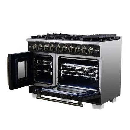 Forno Capriasca 48-Inch Black Freestanding French Door Gas Range, 8 Burners, Convection Oven, Energy Efficient FORNO