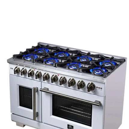 Forno Capriasca 48-Inch White Freestanding French Door Gas Range, 8 Burners, Convection Oven, Energy Efficient FORNO