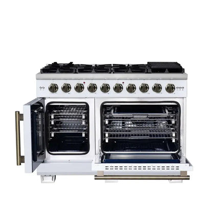 Forno Capriasca 48-Inch White Freestanding French Door Gas Range, 8 Burners, Convection Oven, Energy Efficient FORNO