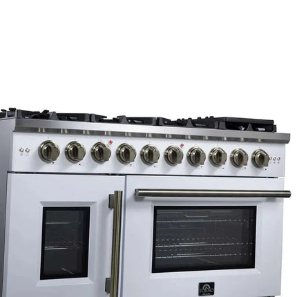 Forno Capriasca 48-Inch White Freestanding French Door Gas Range, 8 Burners, Convection Oven, Energy Efficient FORNO