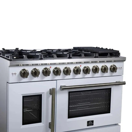 Forno Capriasca 48-Inch White Freestanding French Door Gas Range, 8 Burners, Convection Oven, Energy Efficient FORNO