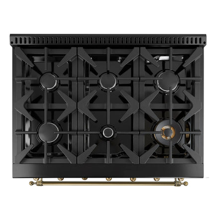 Forno Antico 36-Inch Freestanding Gas Range, Black, Antique Brass Design, 6 Burners, Convection Oven, Energy Efficient FORNO
