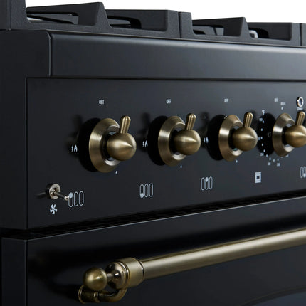 Forno Antico 36-Inch Freestanding Gas Range, Black, Antique Brass Design, 6 Burners, Convection Oven, Energy Efficient FORNO