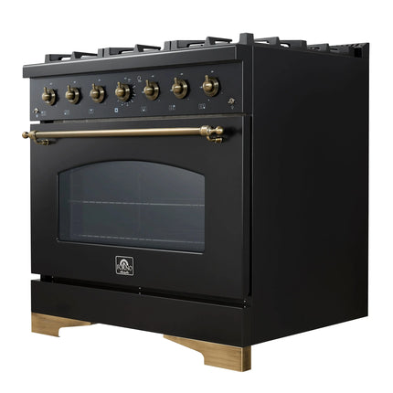 Forno Antico 36-Inch Freestanding Gas Range, Black, Antique Brass Design, 6 Burners, Convection Oven, Energy Efficient FORNO