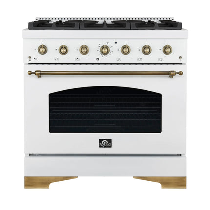 Forno Antico 36-Inch Freestanding Gas Range, White, Antique Brass Design, 6 Burners, Convection Oven, Energy Efficient FORNO