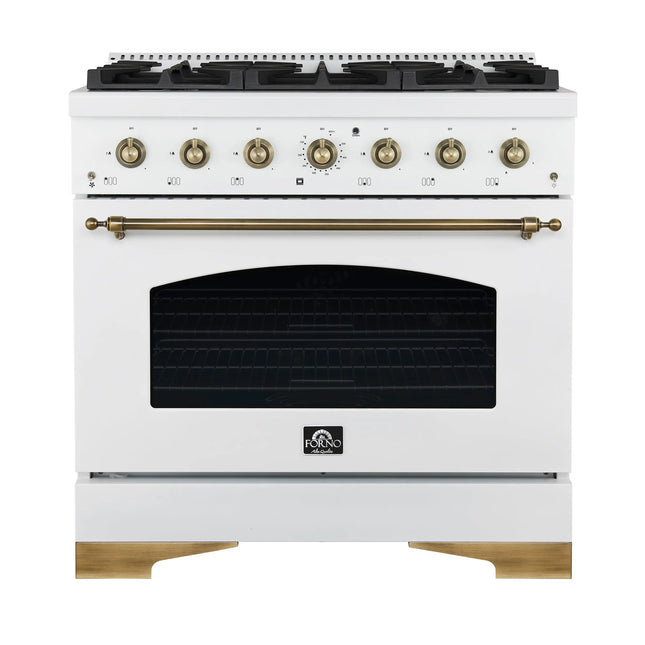 Forno Antico 36-Inch Freestanding Gas Range, White, Antique Brass Design, 6 Burners, Convection Oven, Energy Efficient FORNO