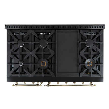 Forno Antico 48-Inch Freestanding Gas Range, Black, Antique Brass Design, 8 Burners, Griddle, Double Ovens, Energy Efficient FORNO